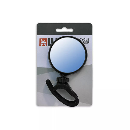 a round mirror with a clip on the side of it