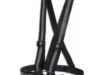 a black and grey striped harness with a metal buckle