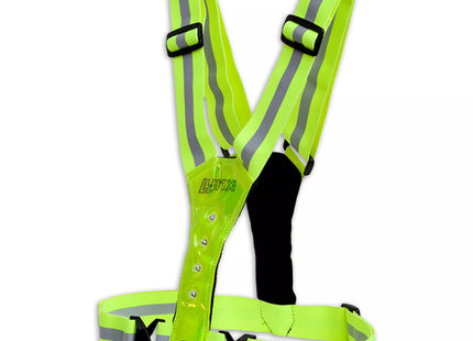 a neon yellow safety harness with reflective reflective straps