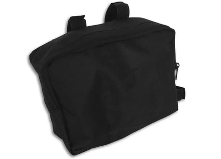 the back of a black bag on a white background