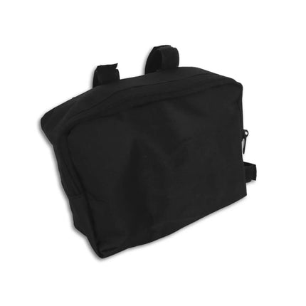 the back of a black bag on a white background