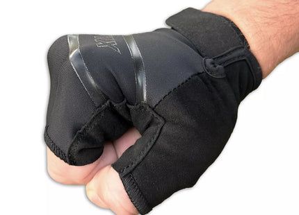 a man's hand wearing a black glove