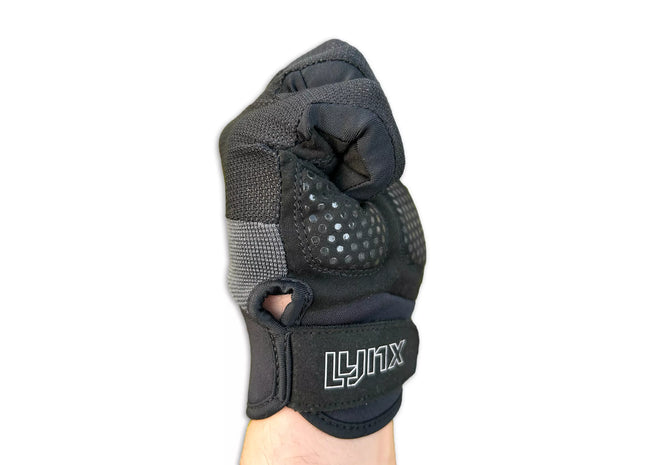 a person's hand wearing a black and grey glove